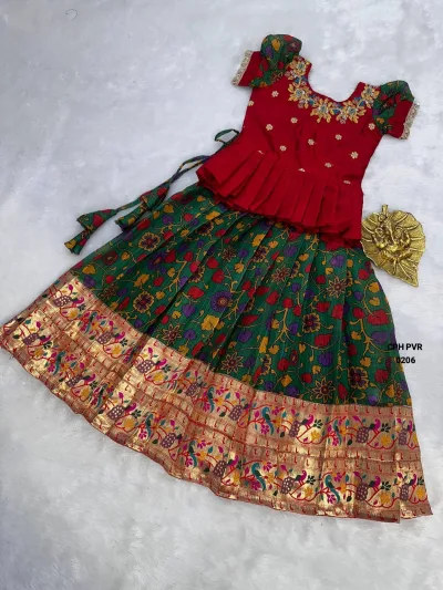 Maroon and Green Kids Pattu Pavadai Sattai